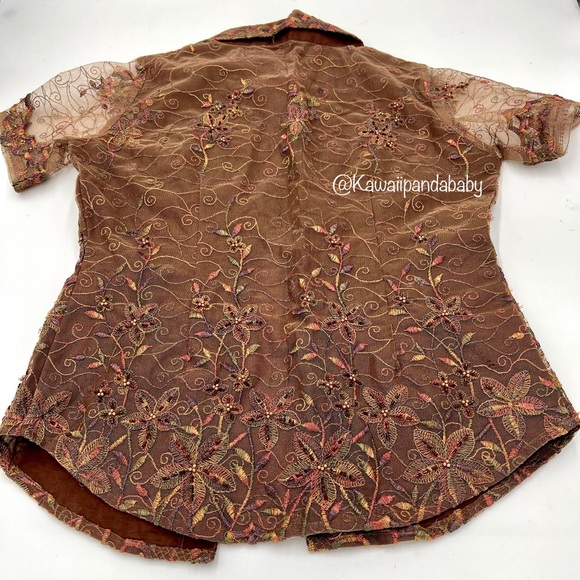 Handmade Brown Rainbow Ethereal Floral Embroidered Metallic Fairy Collar Shirt - Picture 2 of 5